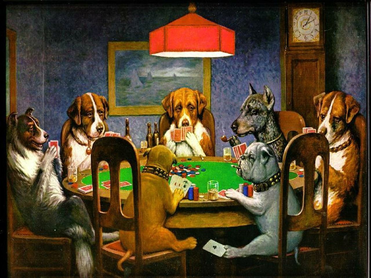 Gezeichnete Hunde spielen Poker am Tisch